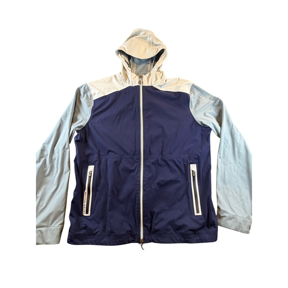 Peter Millar Crown Sport Mens Large Navy Gray Hooded Windbreaker Jacket